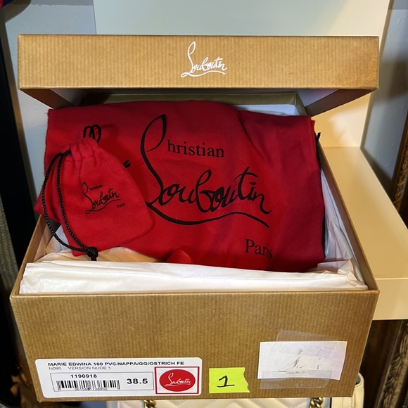 Louboutin Marie Edwina 100 Nude stilettos ribbon ostrich feathers pvc naked  1 - Picture 7 of 14